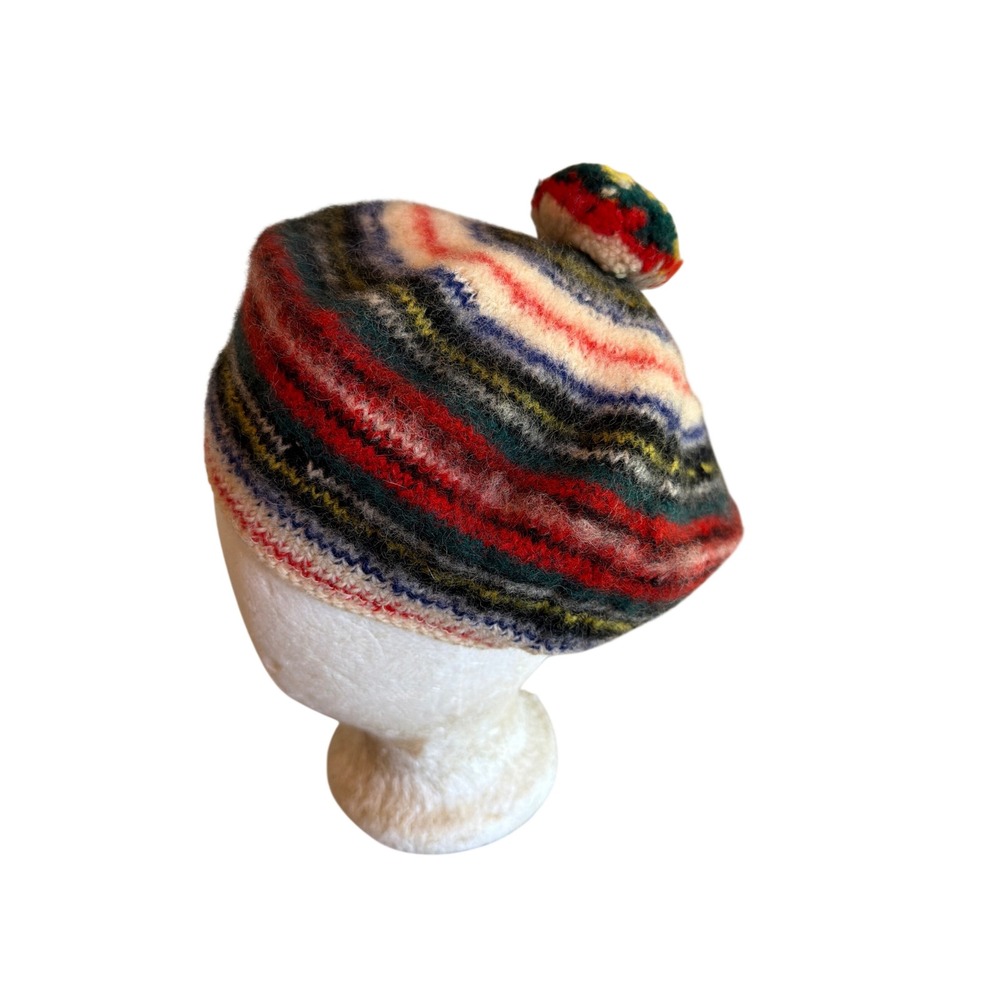 Dress Stewart Beret Multi-Color Wool Scottish Tam Pom-Pom Striped Knit Hat